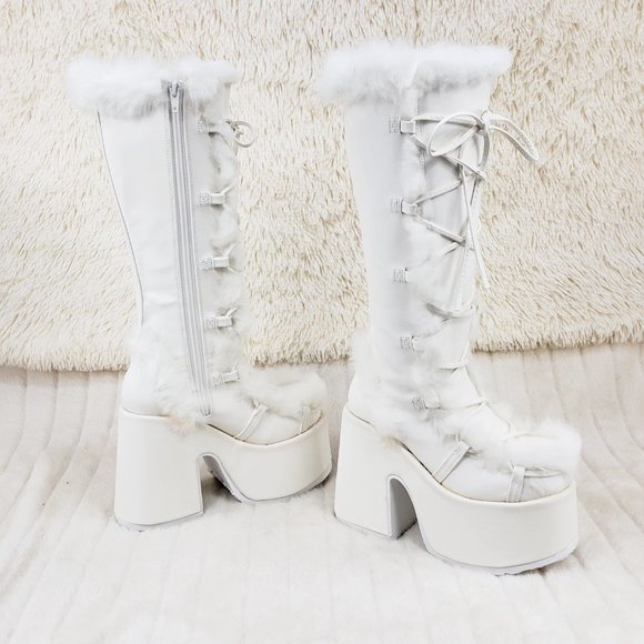 Camel 311 White furry goth punk Platform Knee Boot - Picture 4 of 11